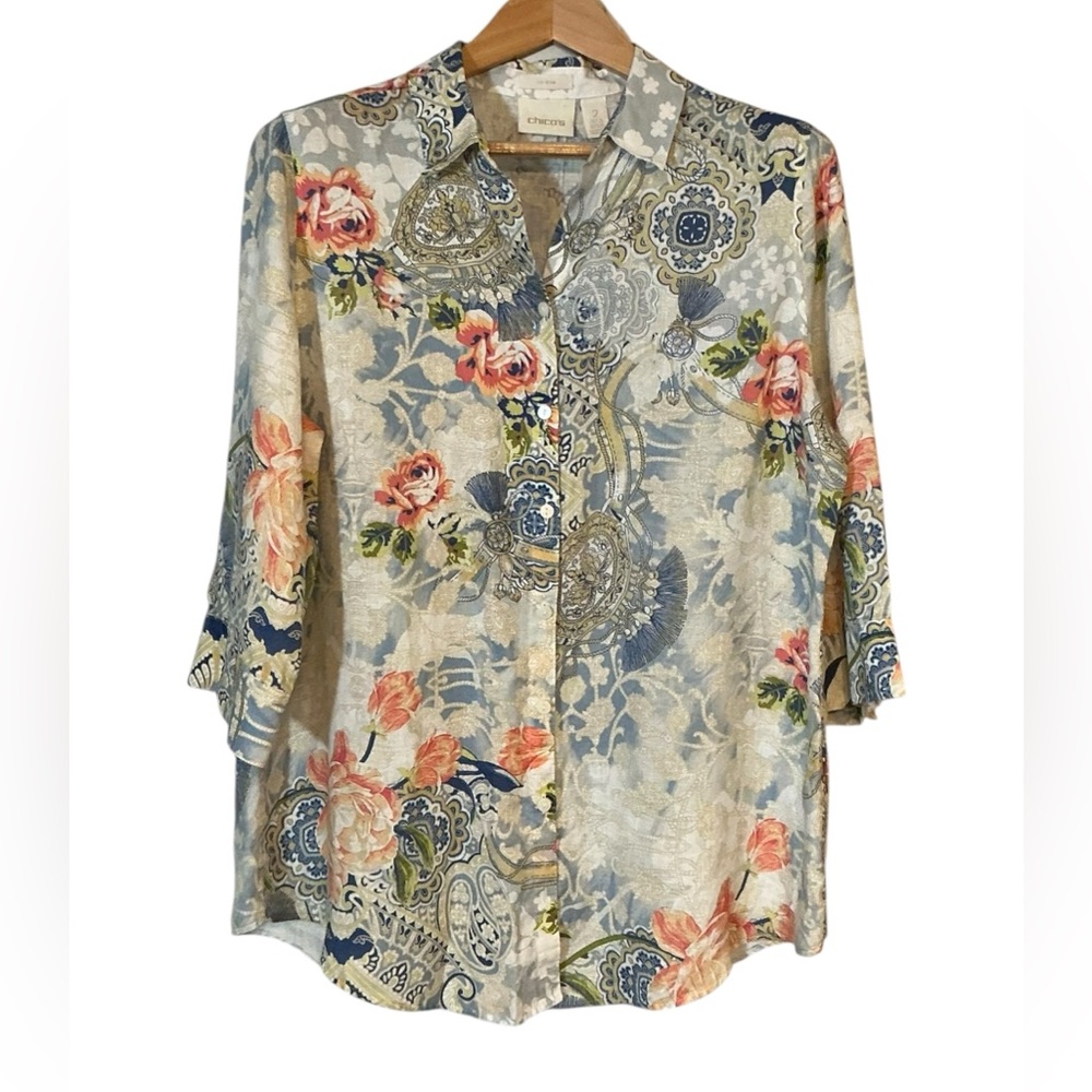 Chico's 100% linen Blue,‎ Coral , Cream Paisley Floral Button-Down Shirt size 12 - Picture 2 of 10